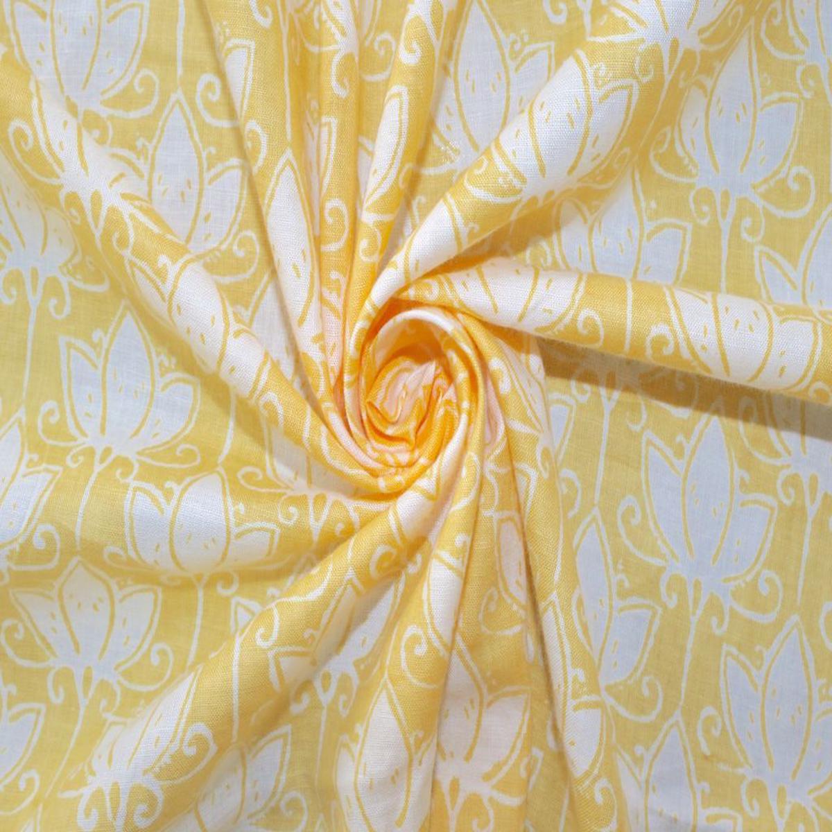 Pastel Yellow White Flowers Printed Pure Cotton Fabric