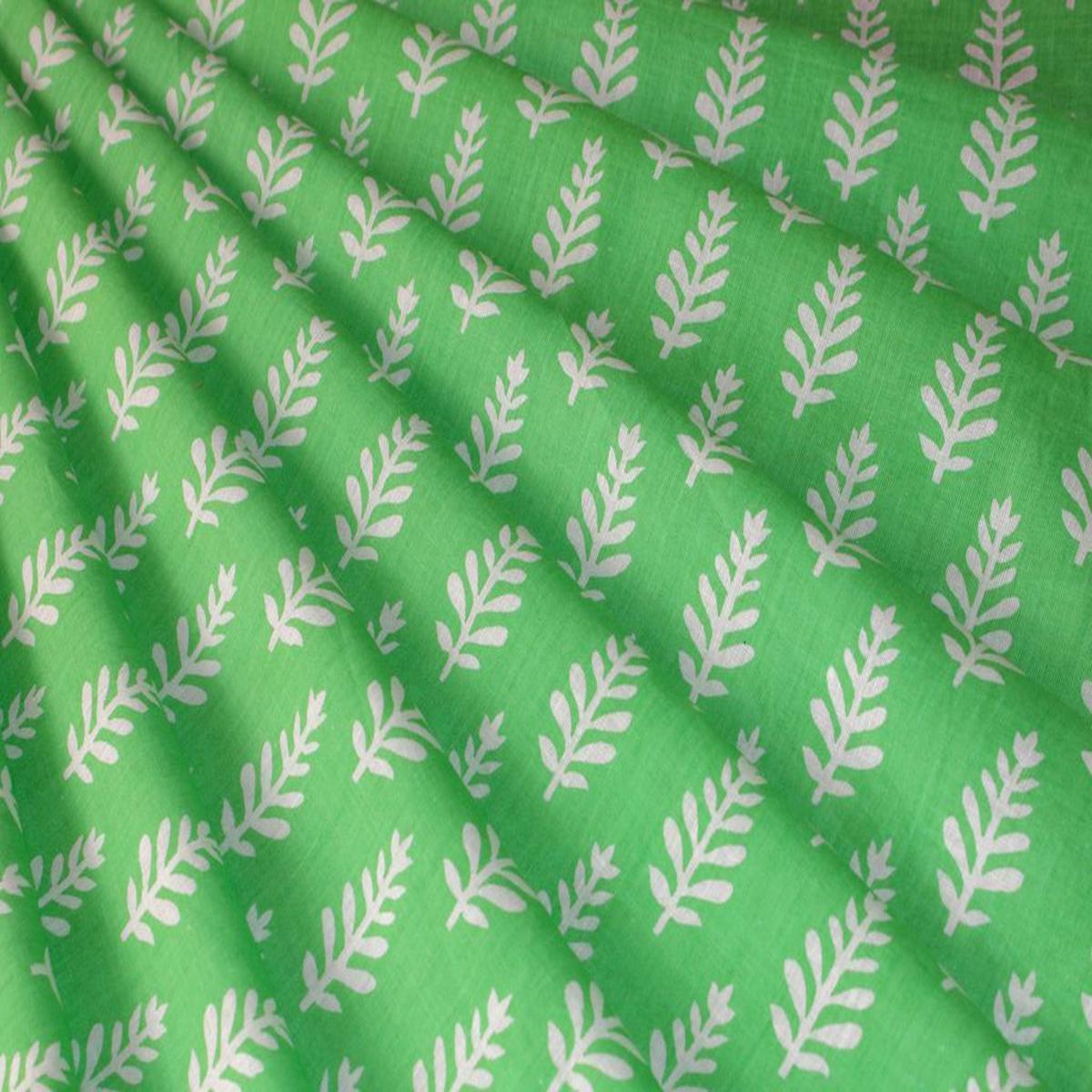 Green White Leaves Printed Pure Cotton Fabric