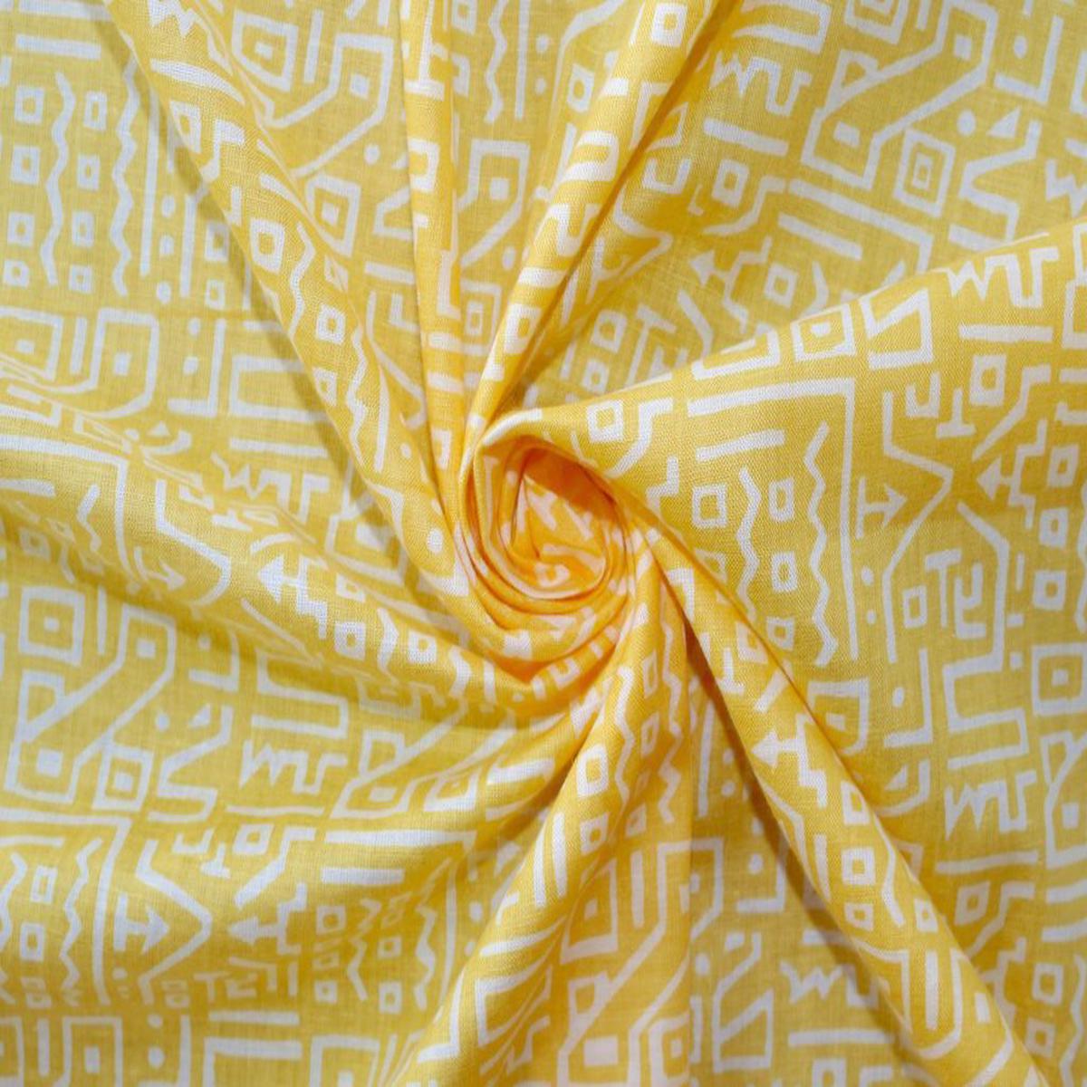 Light Yellow White Abstract Printed Pure Cotton Fabric