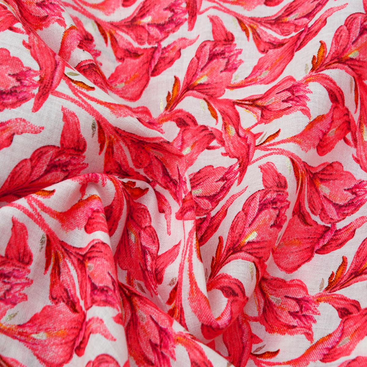 Precut Of 1 Meter White & Red Floral Pure Mul Mul Cotton Fabric
