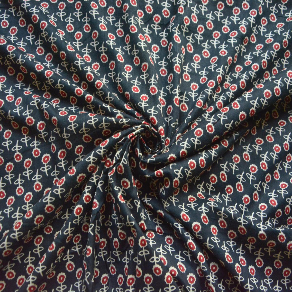 Red & Black Floral Printed Pure Cotton Fabric