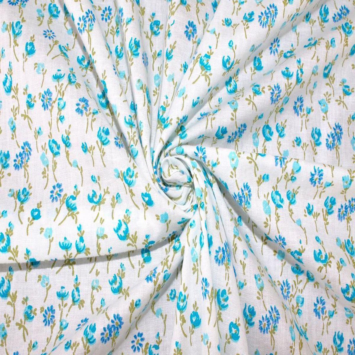 Blue Green Floral Pure Cotton Fabric