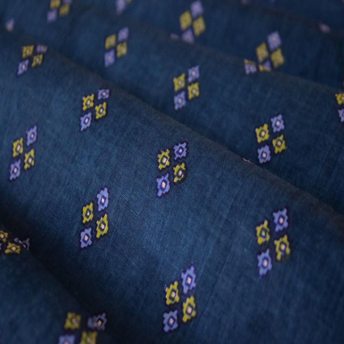 Navy Blue Olive Green Geometric Motifs Printed Pure Cotton Fabric