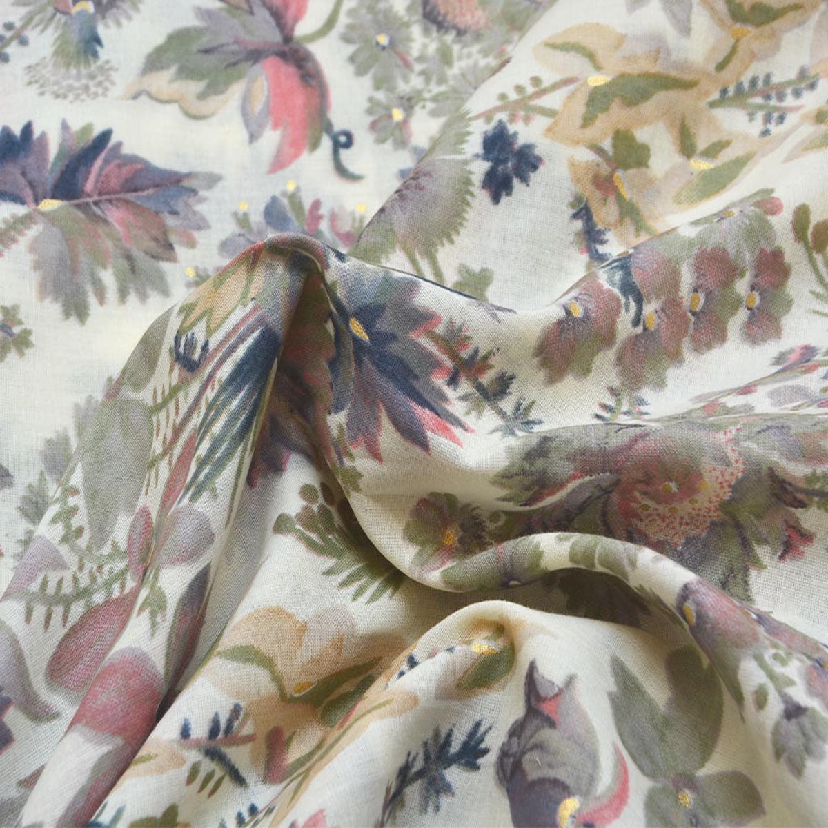 Precut of 1 meter Off White Floral Printed Pure Mul Mul Cotton Fabric
