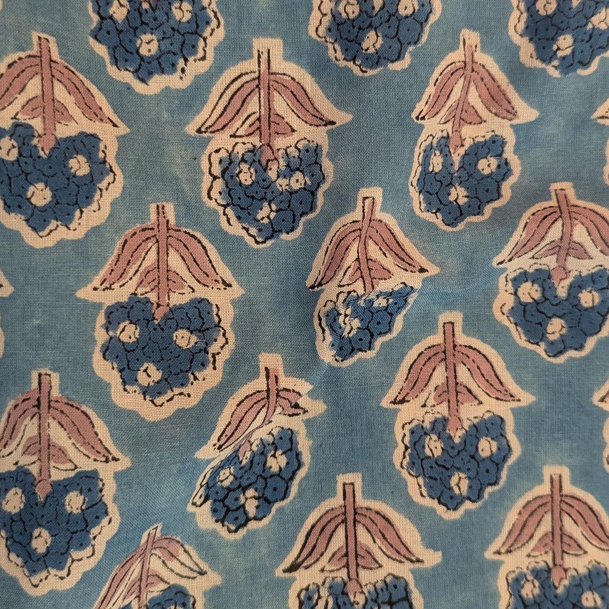Precut Sky Blue Floral Buti Hand Block Printed Cotton Fabric
