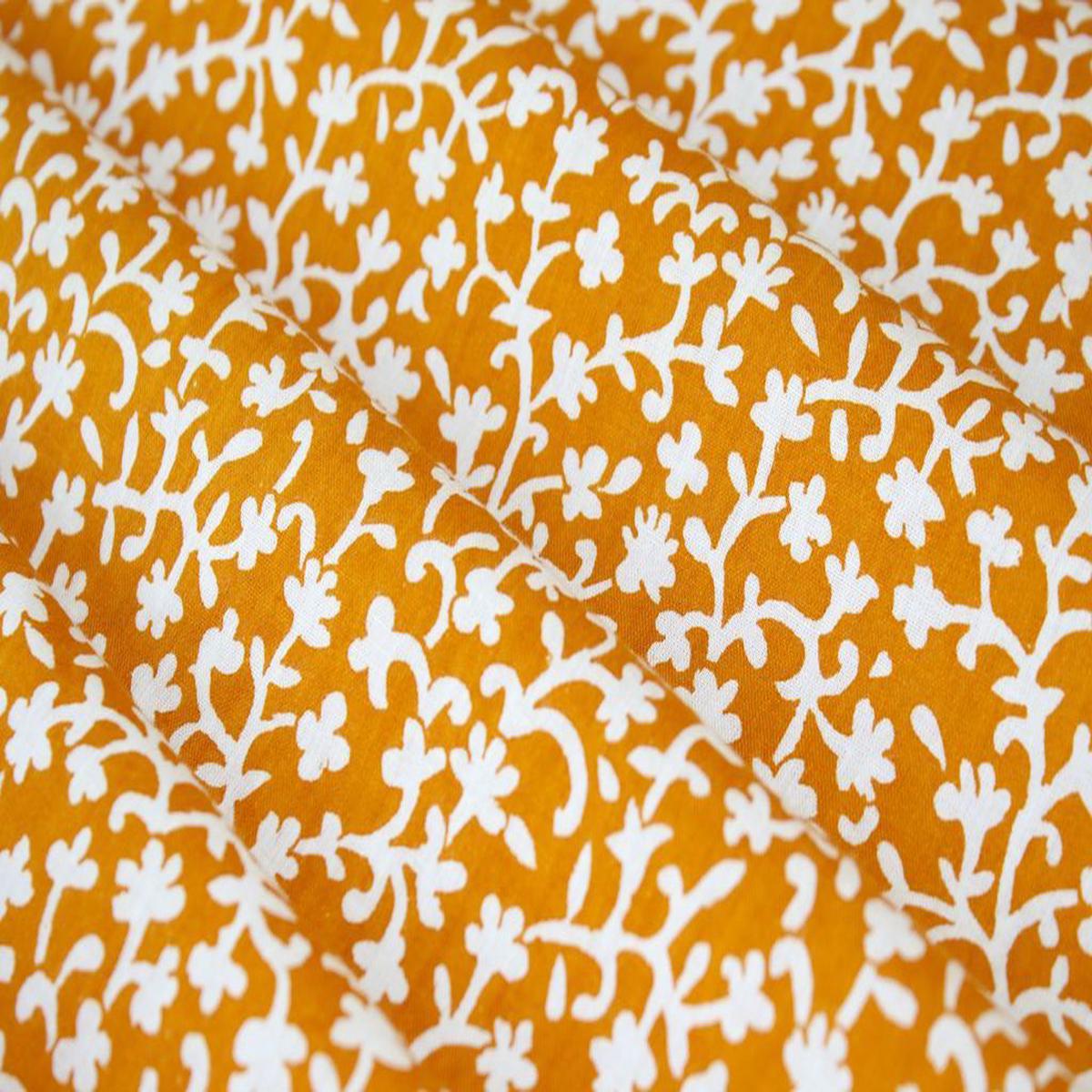 Mustard Yellow White Floral Printed Pure Cotton Fabric