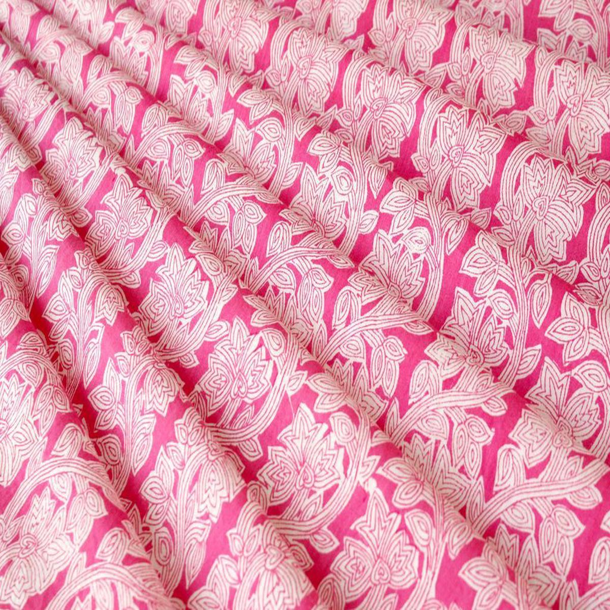 Precut Of 1.5 Meter Pink White Floral Printed Pure Cotton Fabric