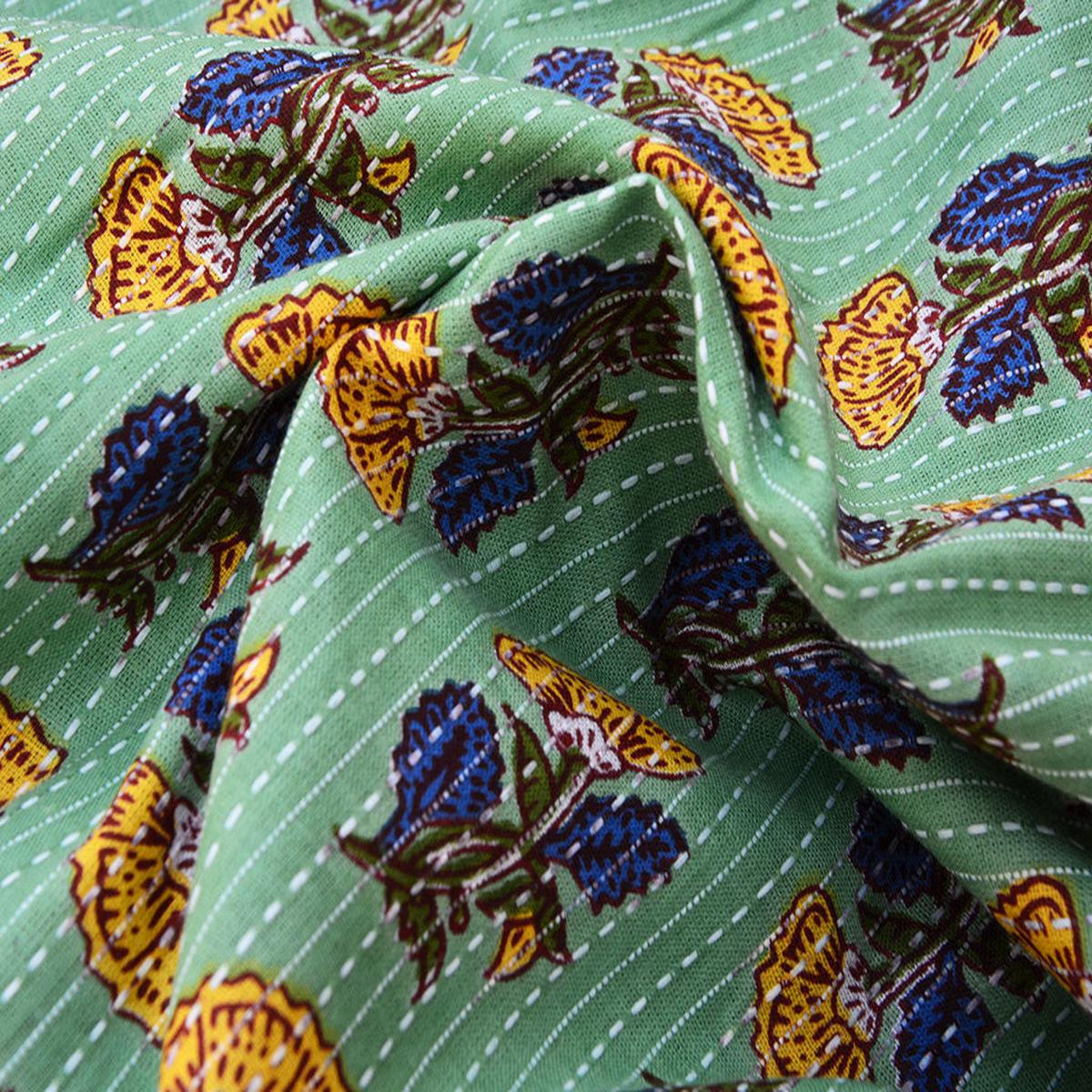 Precut of Mint Green Floral Pure Cotton Kantha Fabric