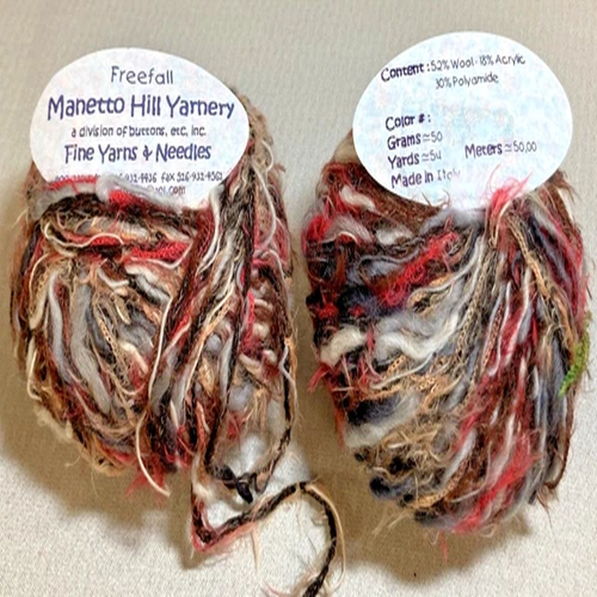 2 lot Manetto Hill Yarnery Freefall 50g, 54 yards each yarn