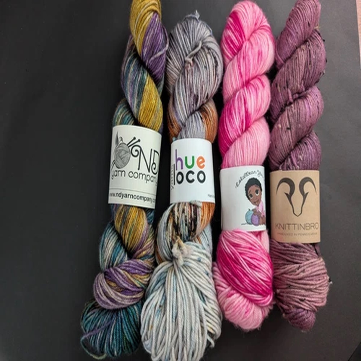 Destash -hand dyed yarn 4 Skeins DK LolaBean, Hue Loco, Knittinbro, ND Yarn Co