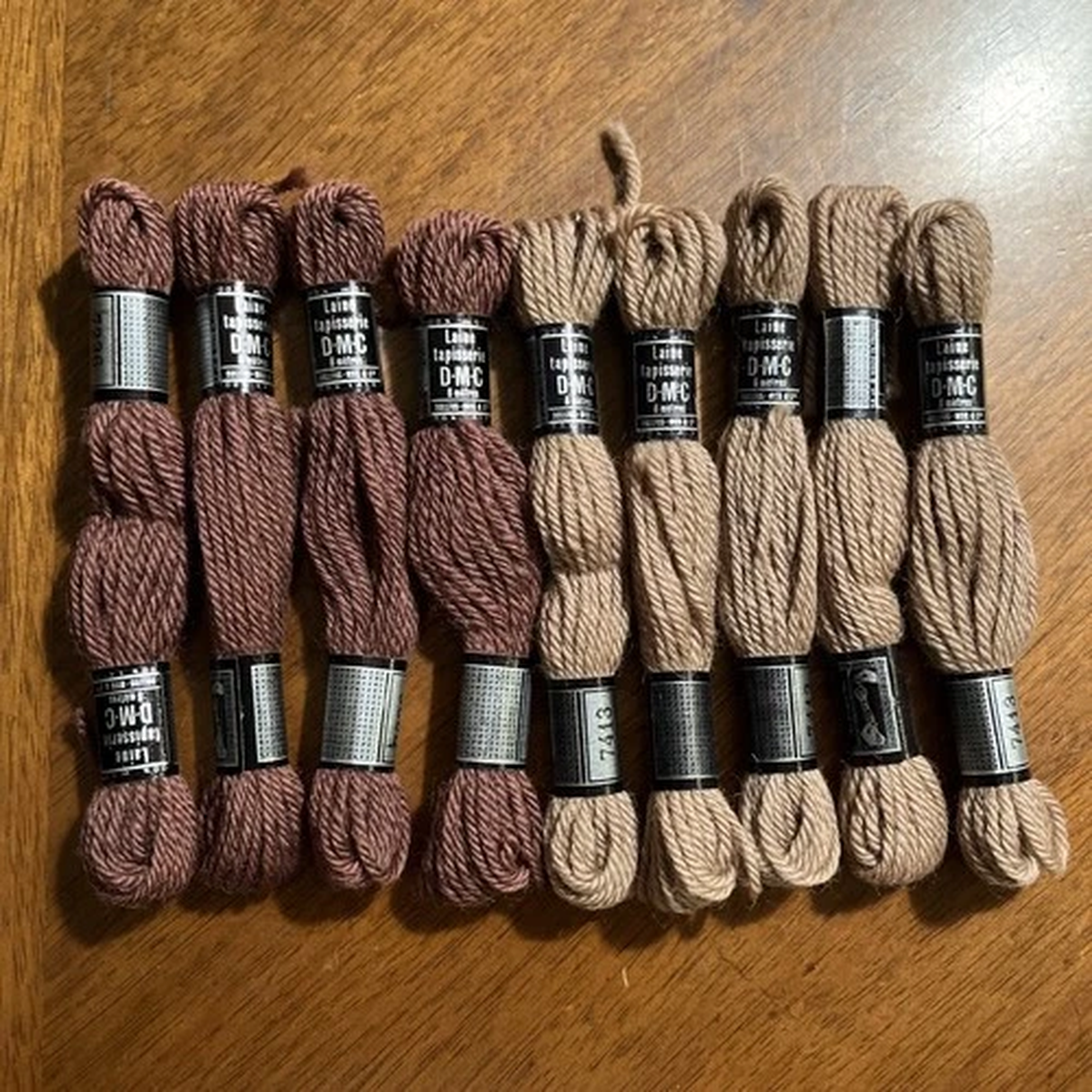 DMC Laine Tapestry Wool Crewel Yarn Brown Lot of 4 #7236 & 5 Camel #7413 Skeins