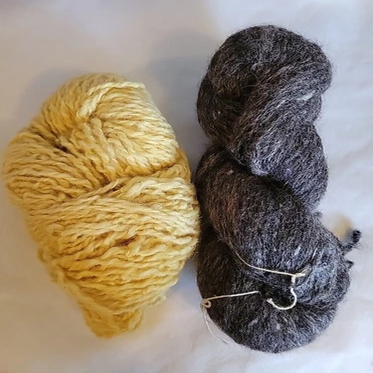 Hand Spun 100% Virgin Wool 2 Ply Skeins Natural Brown And Handdyed Yellow