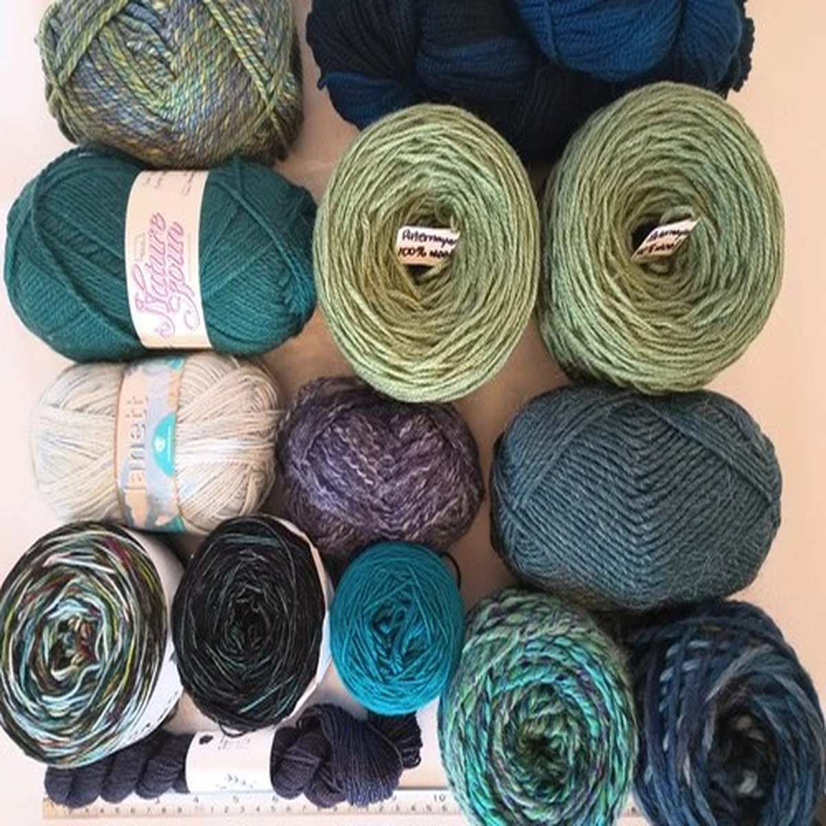 LOT of 14 yarns teal midnight navy aqua sky blue sage green wool destash 2.5+LBS