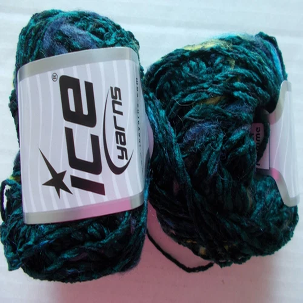 Chenille Wool Flamme yarn by Ice Yarns, Green Jeans, lot of 2, (77 yds each)
