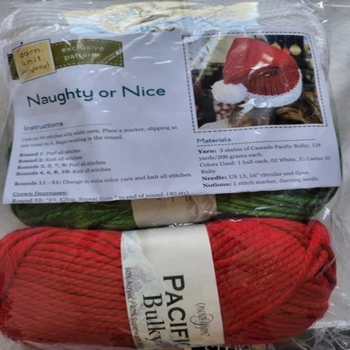 Naughty or Nice Christmas Hat Knitting Kit, Cascade Yarns Pacific Bulky Yarn Lot