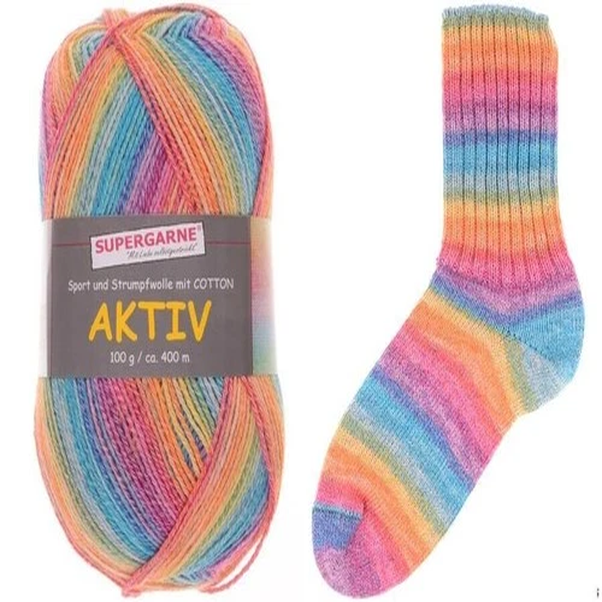 Supergarne Aktiv Sock yarn 4-ply 100g/459yd Cotton RAINBOW # 48710 rainbow