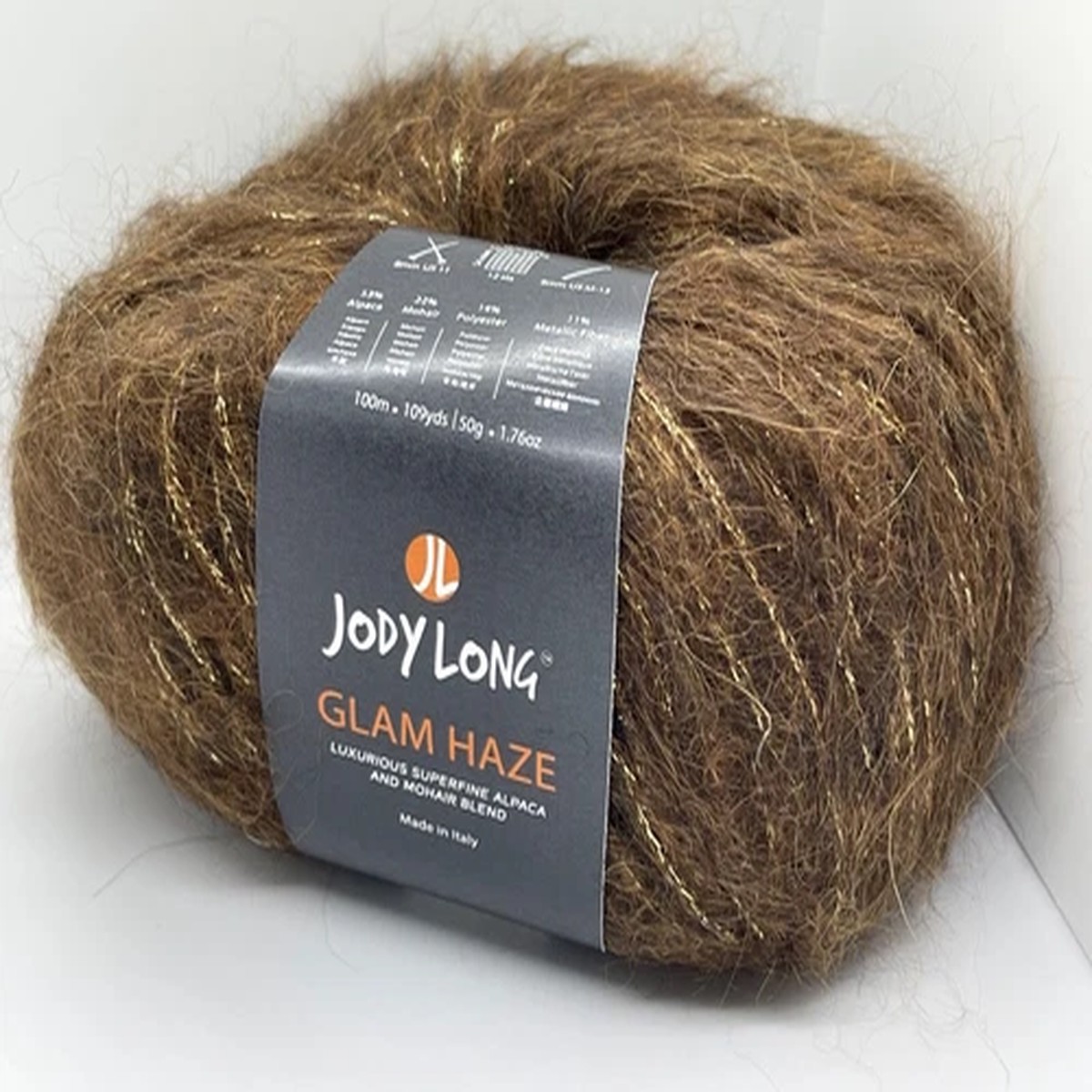 Jody Long Glam Haze Yarn 011 Mink Brown w/ Gold Alpaca Mohair Sparkle 50gr 109yd