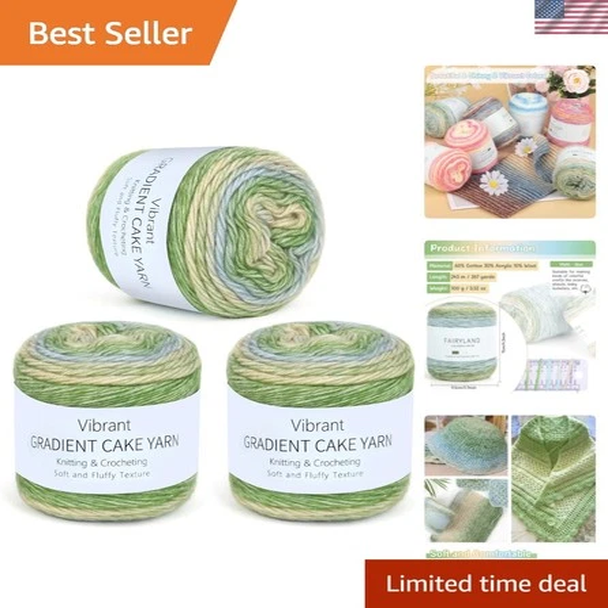 Cake Yarn for Crocheting, 3 Skeins Gradient Cake Yarn 100g 3.52 oz 245m 267 Y...