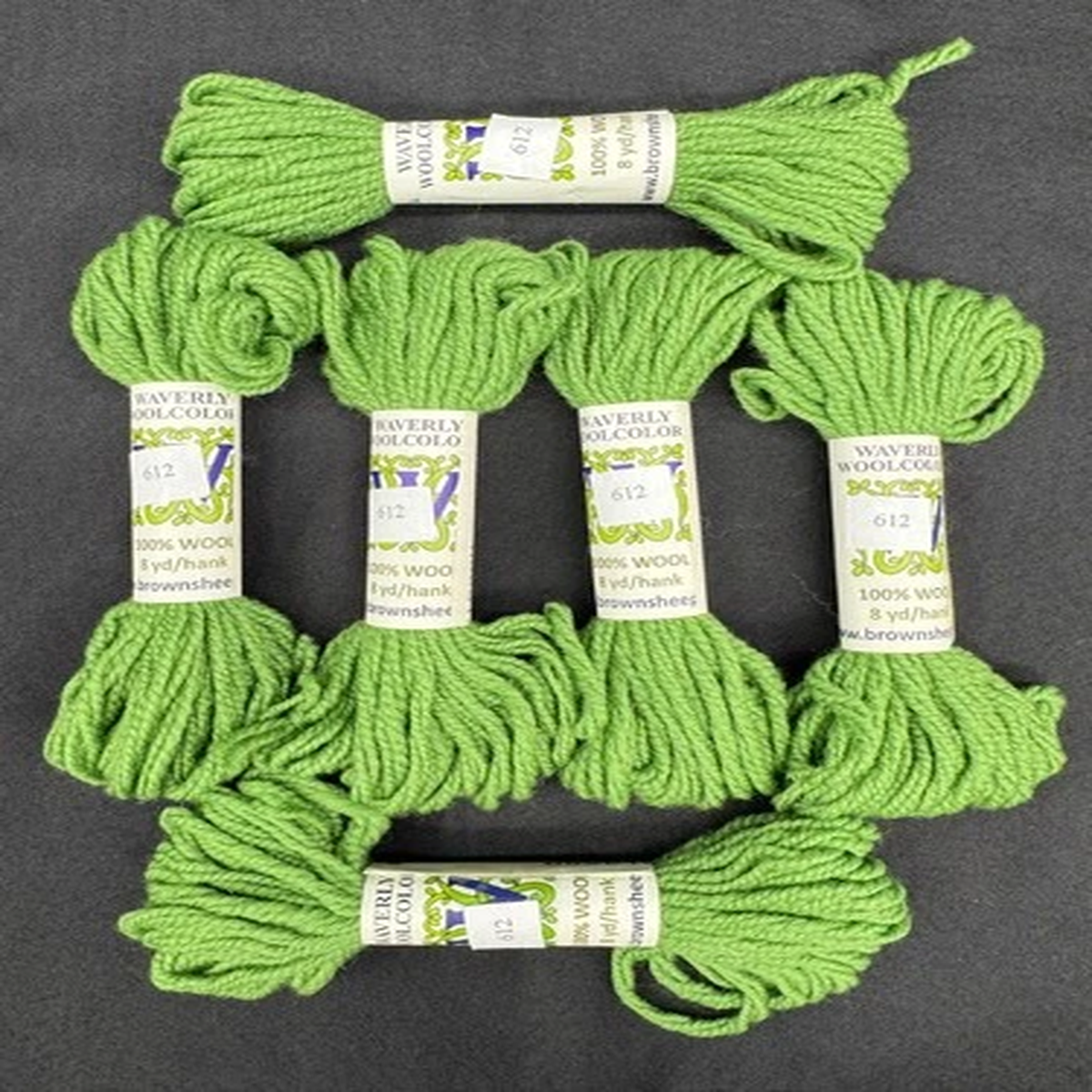 Waverly Yarn - Green #612 - 6 Hanks, 100% Wool, 3 Ply Yarn, 8 Yard Hanks