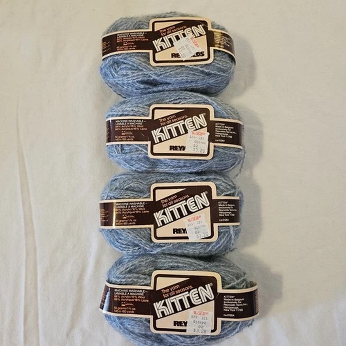 Vintage Lot 4 Skeins Reynolds Kitten Aran Yarn Acrylic Wool 50g 160 yd/ea Blue