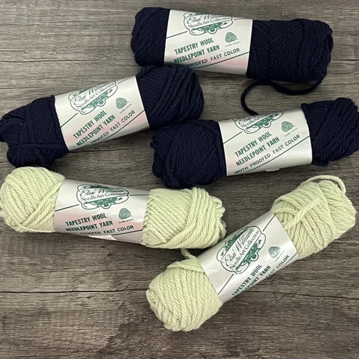 Lot 5 Elsa Williams Navy Blue Green Sewing Craft Project 100% Wool Yarn Vintage