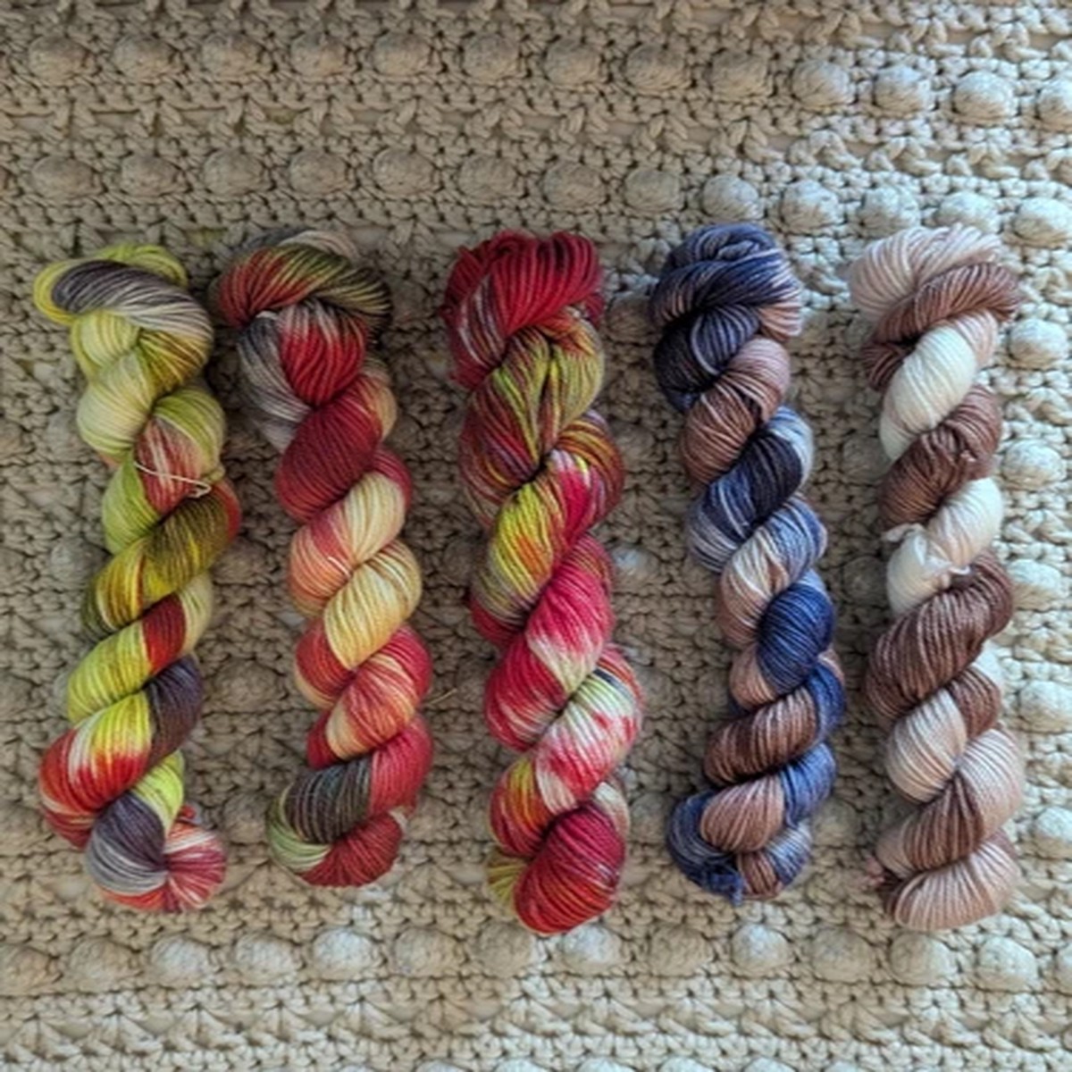 Set Of 5 Vibrantly Colored Indie Hand Dyed Sock Yarn Mini Skeins 435 Yds/100 g