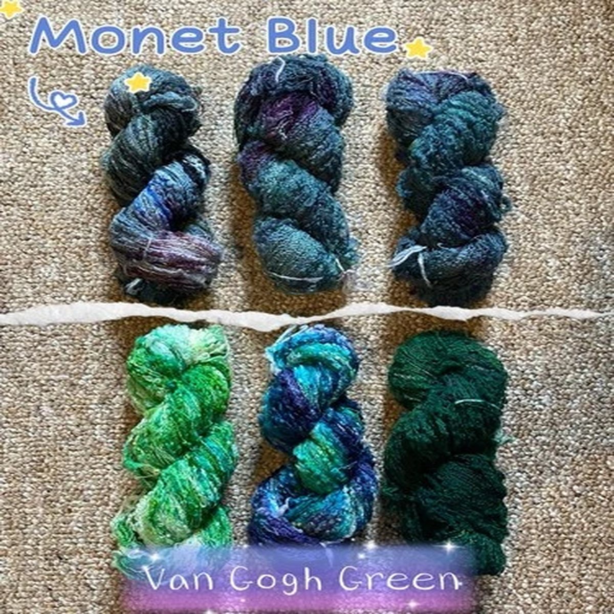 3 Skeins LOT Hand Dyed Merino Slub Fingering Yarn Monet Blue Van Gogh Green 300g