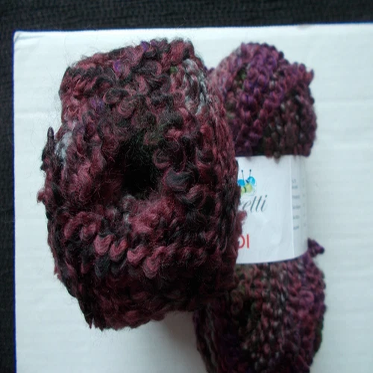 Rozetti Tedi bulky wool blend boucle yarn, burgundy/olive, lot of 2 (82 yds ea)