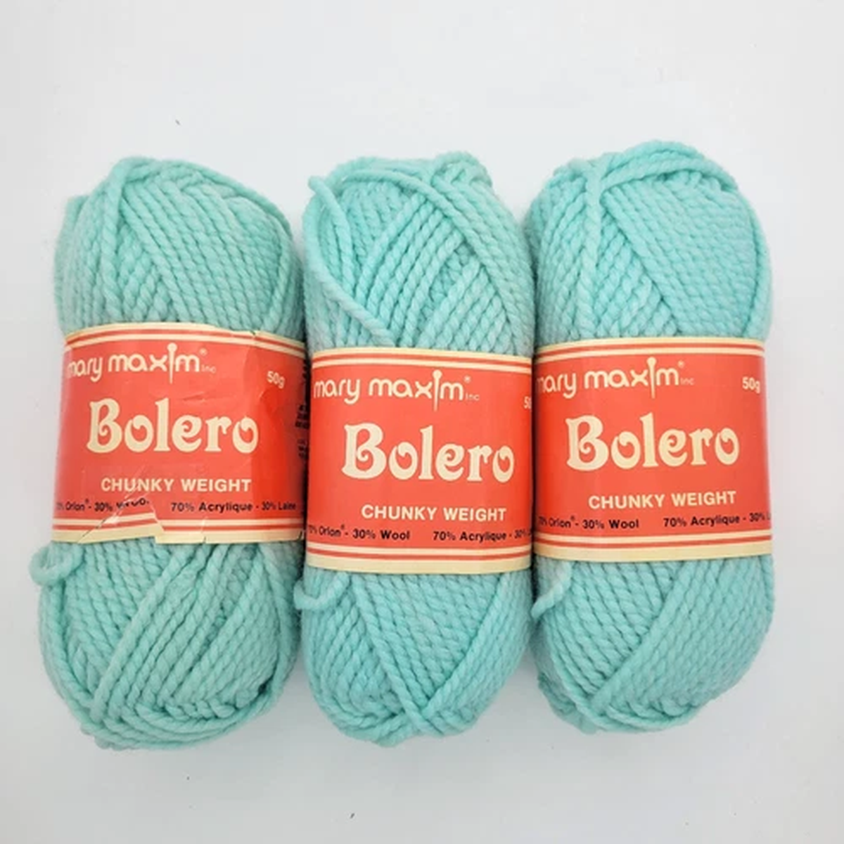MARY MAXIM BOLERO CHUNKY WEIGHT YARN 50g Lot 3 Skeins Aqua 39 Wool Blend