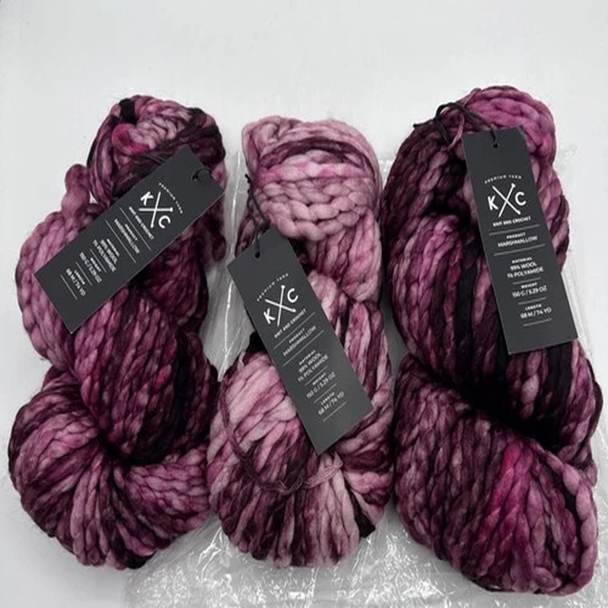 Lot of 3 K & C Marshmallow Merino Wool Yarn 74yds 150g Bulky Yarn Winterberry