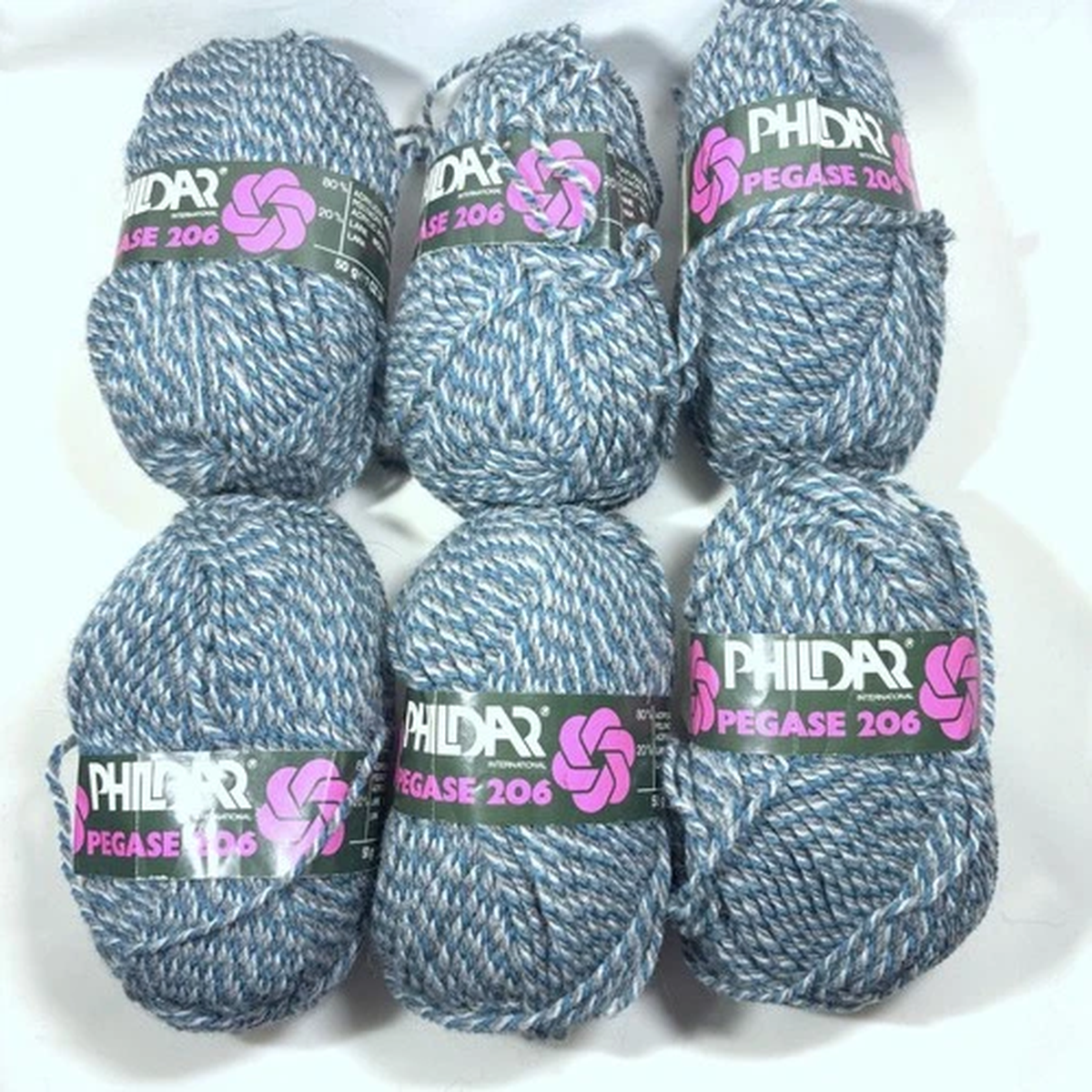 Lot 6 Skeins Vintage Phildar Pegase 206 Yarn Acrylic Wool Blend Blue Gray White