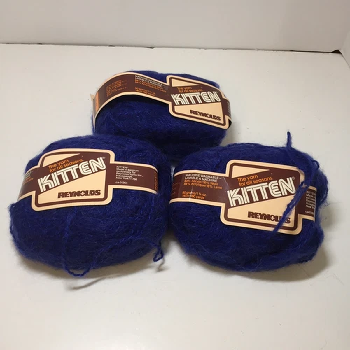 3 Skeins Kitten Yarn Reynolds 1.75 oz Acrylic Wool Blend Blue Worsted Weight