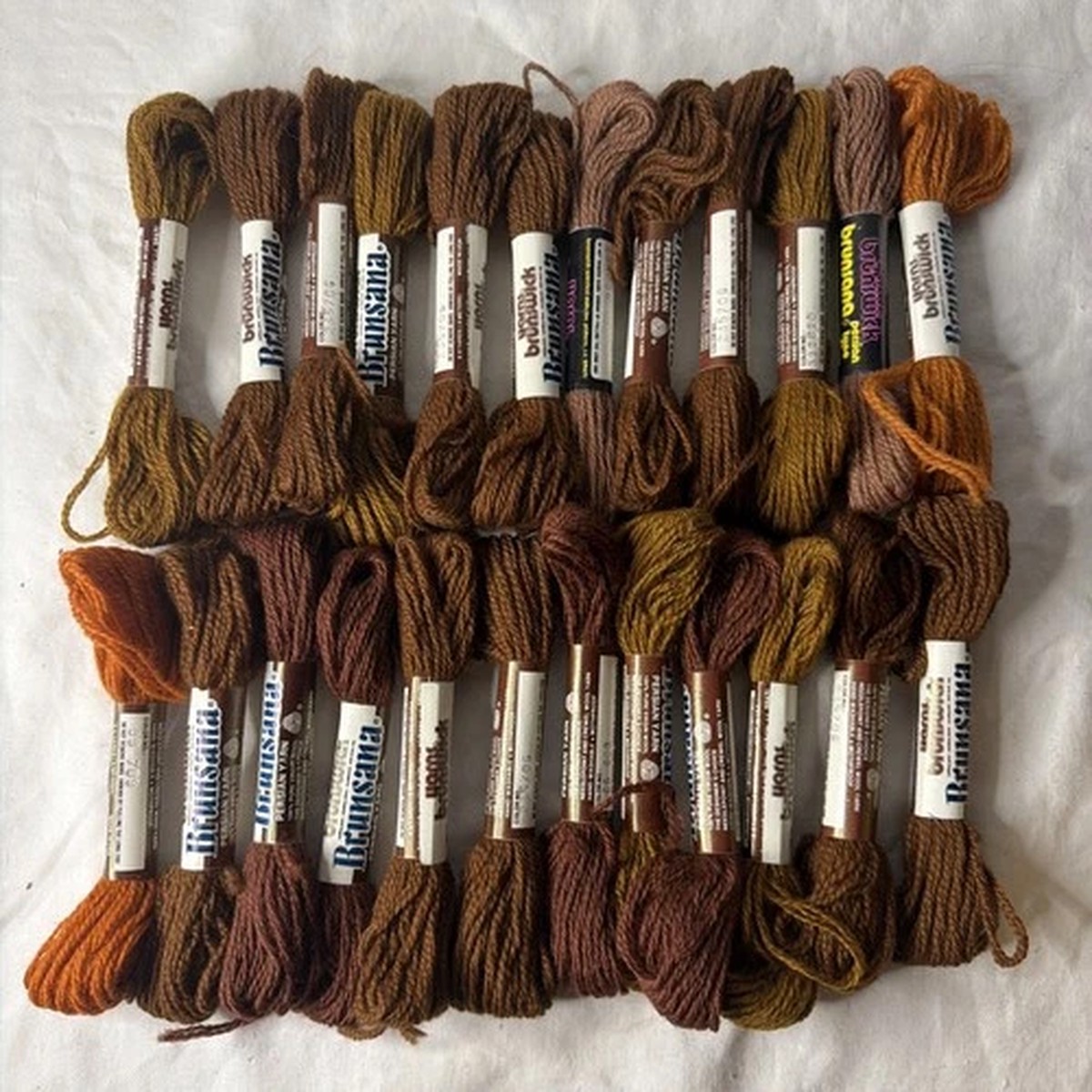 Box Lot of 24 Brunsana 100% Wool 3 Ply Persian Yarn 8.8 Yd Mixed Browns Skeins B