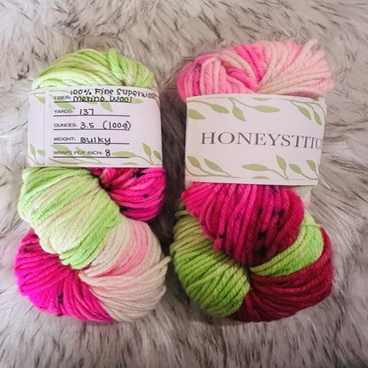 HONEYSTITCHCO Bulky Superwash Merino Wool Skein Pink Green Cream Red