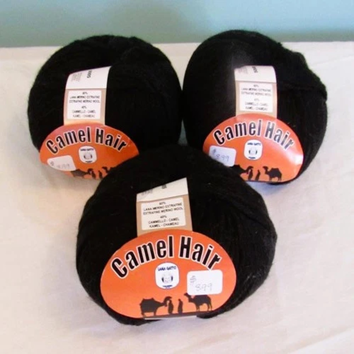 LANA GATTO WOOL/CAMEL MERINO YARN 1.75 OZ EACH LOT OF 3 BLACK SAME DYE LOT