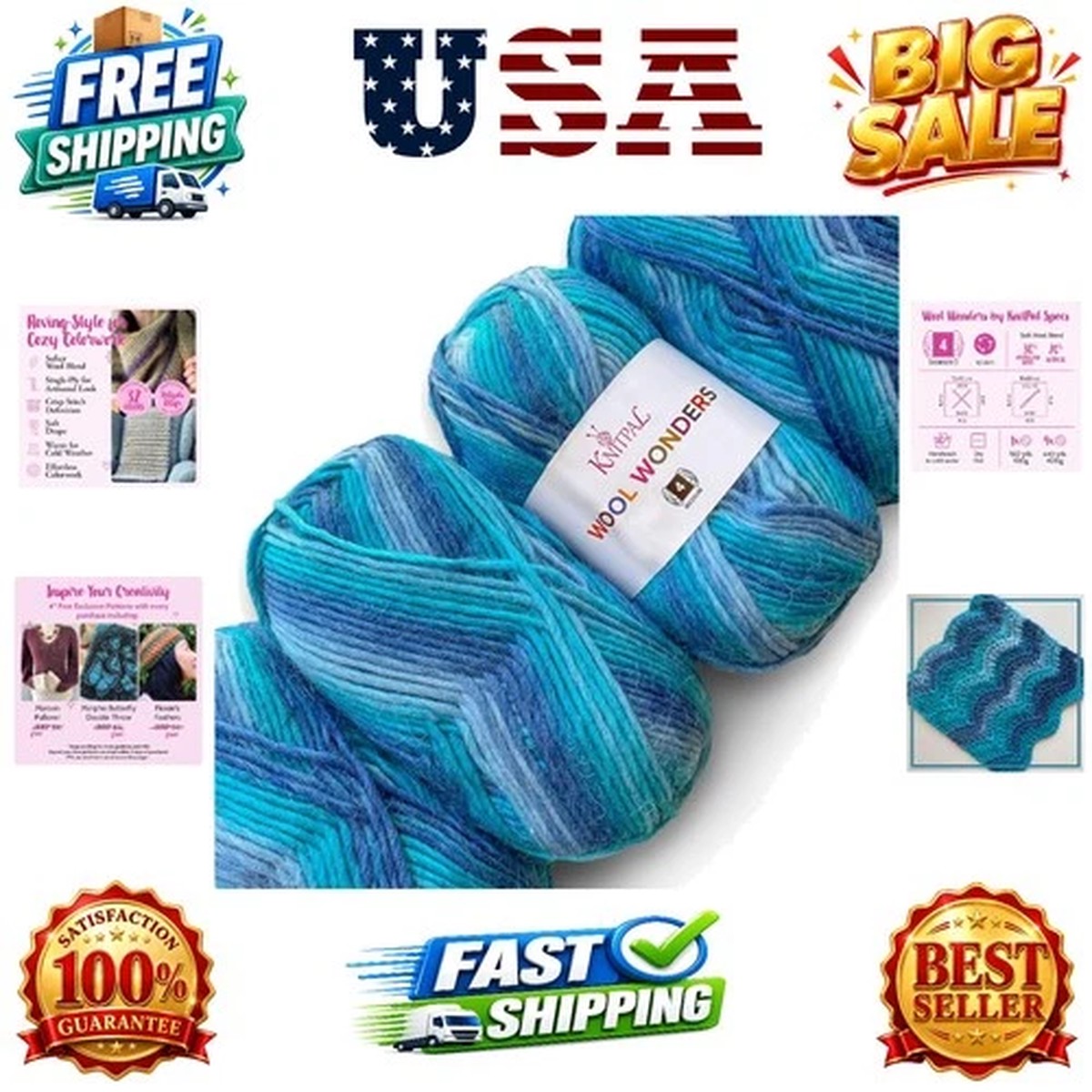 Wool Wonders Yarn for Crocheting, 4-Pack 640Yds / 400G, Free Patterns - Wool ...