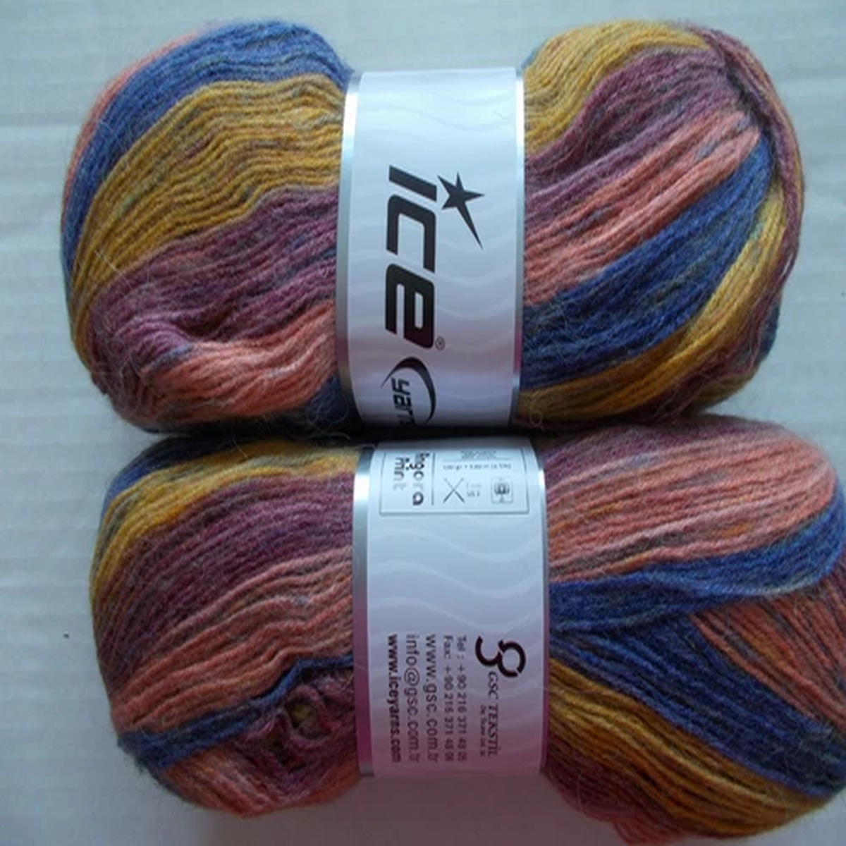 Ice Yarns Angora Print yarn, maroon/gold/blue/peach, lot of 2, (582 yds ea)