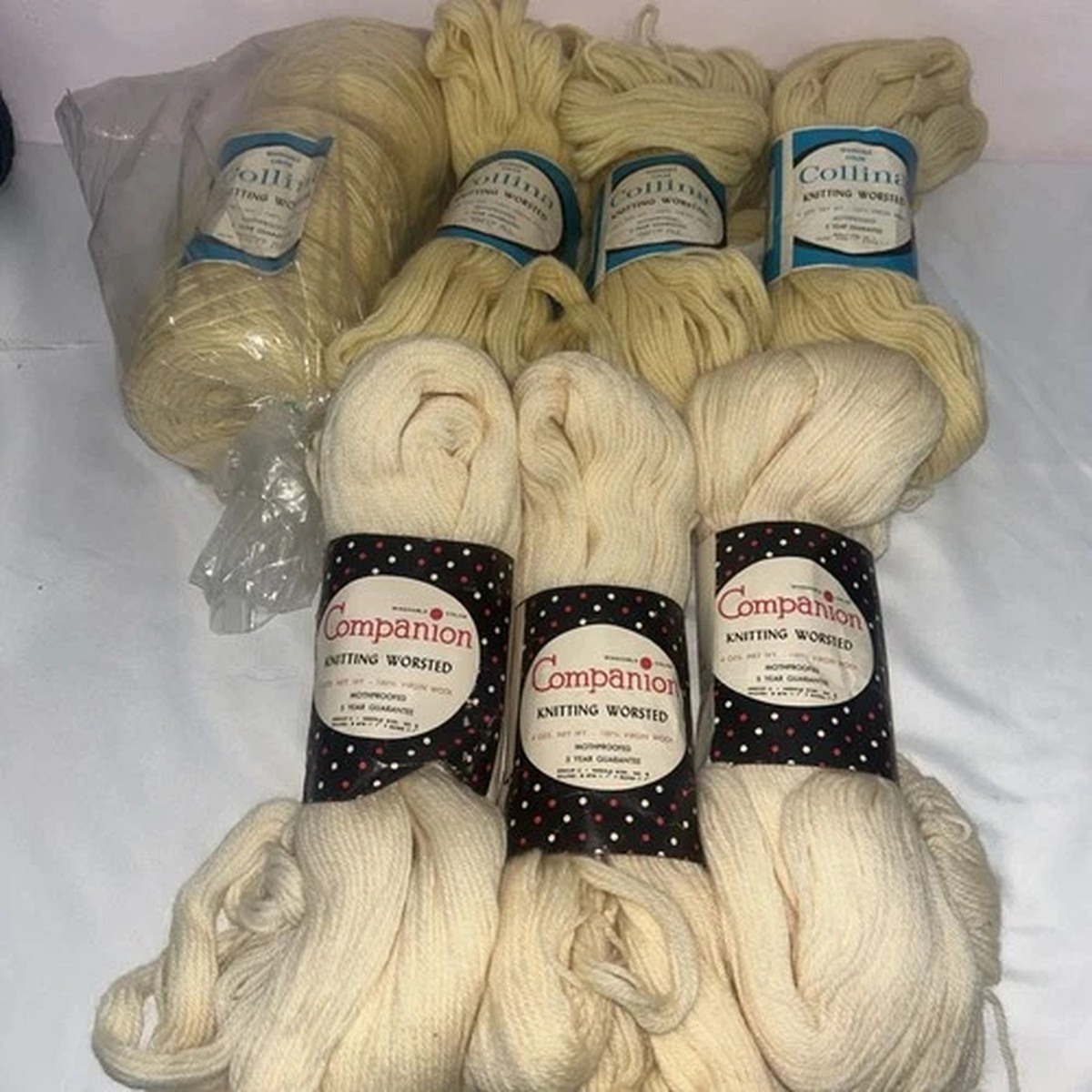 Vintage 100% Virgin Wool 9 Skeins Cream, Yellow Collina Companion