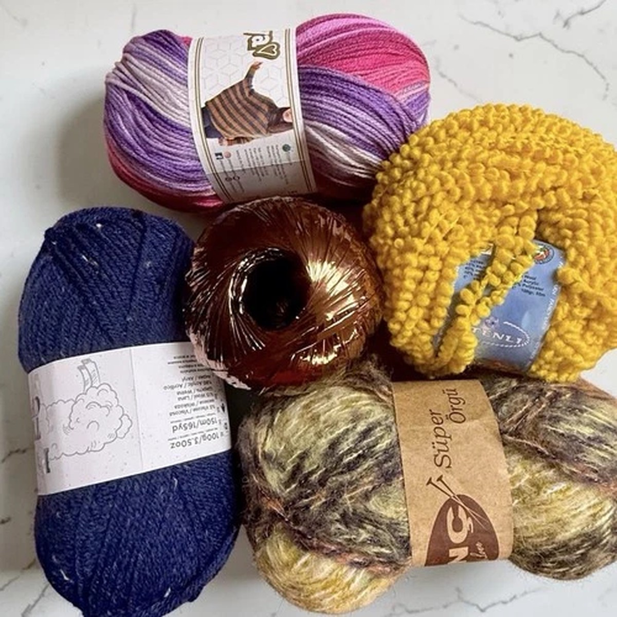 Mixed Specialty Yarn Lot 5 Skeins Turkish Papatya Batik Metallic Boucle Novelty