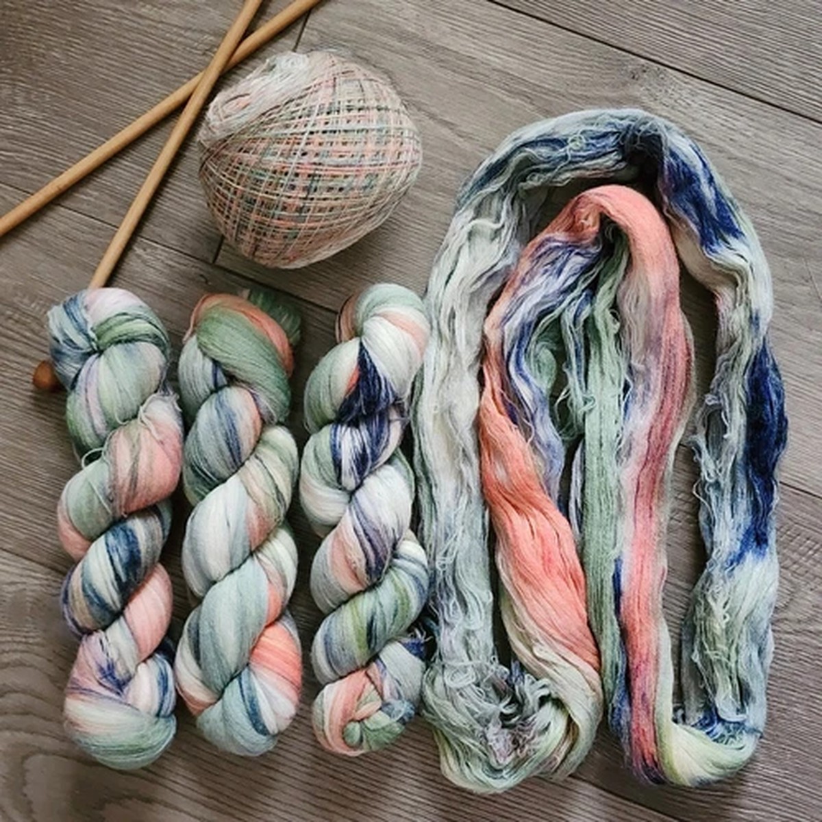 Hand Dyed Wool Yarn Embroidery Lace Variegated Sage Peach Green Blue 100g*1