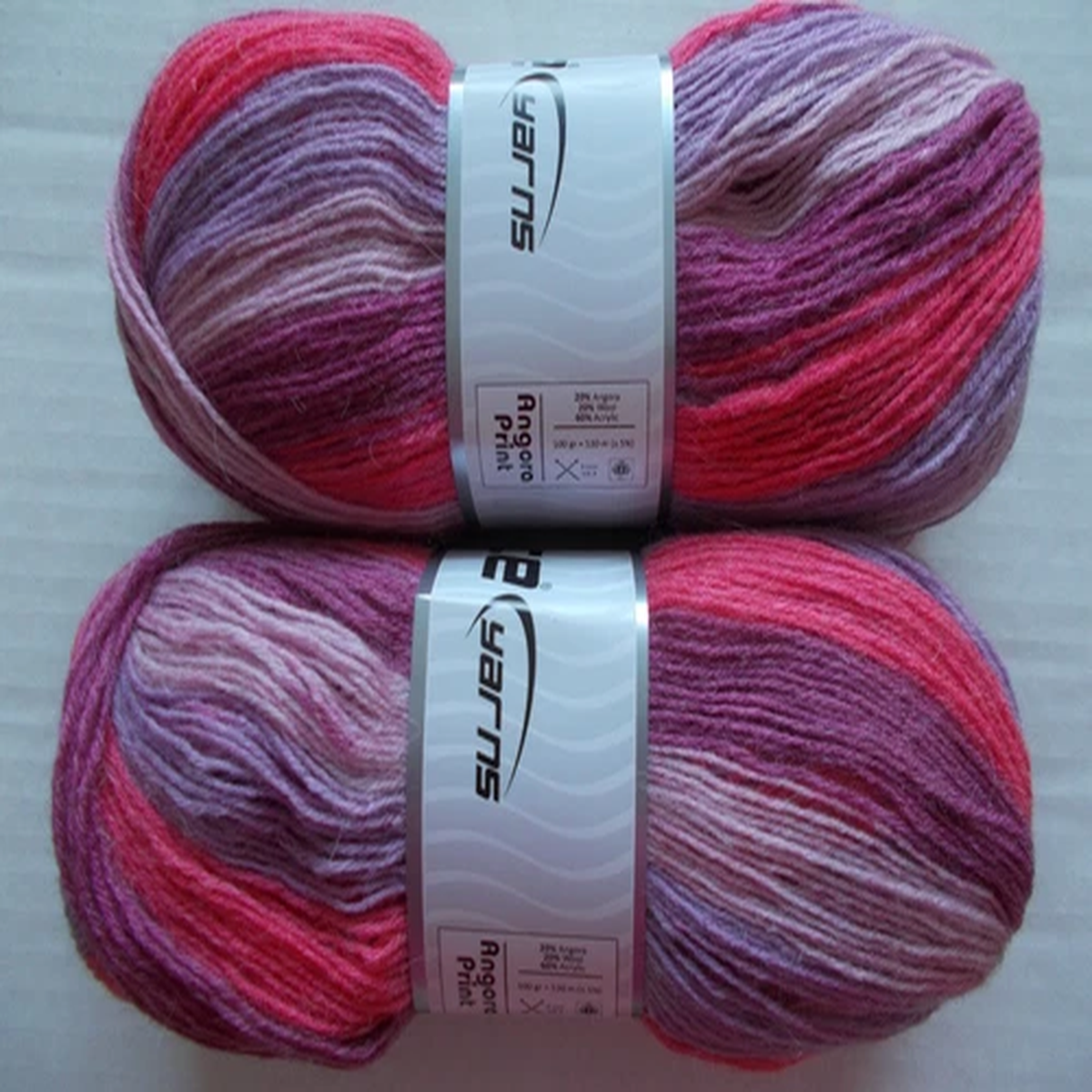 Ice Yarns Angora Print yarn, salmon/lilac/orchid/pink, lot of 2, (582 yds ea)
