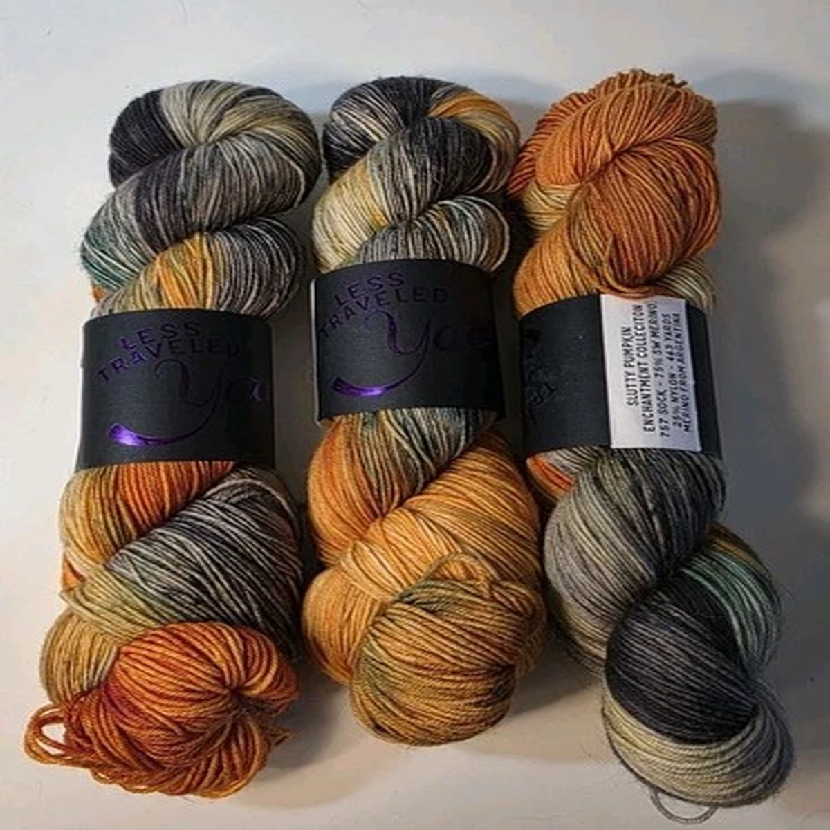 Lot Of 3 Less Traveled Yarn "Slutty Pumkin" Color 757 Sock 75/25 SW Merino 463yd