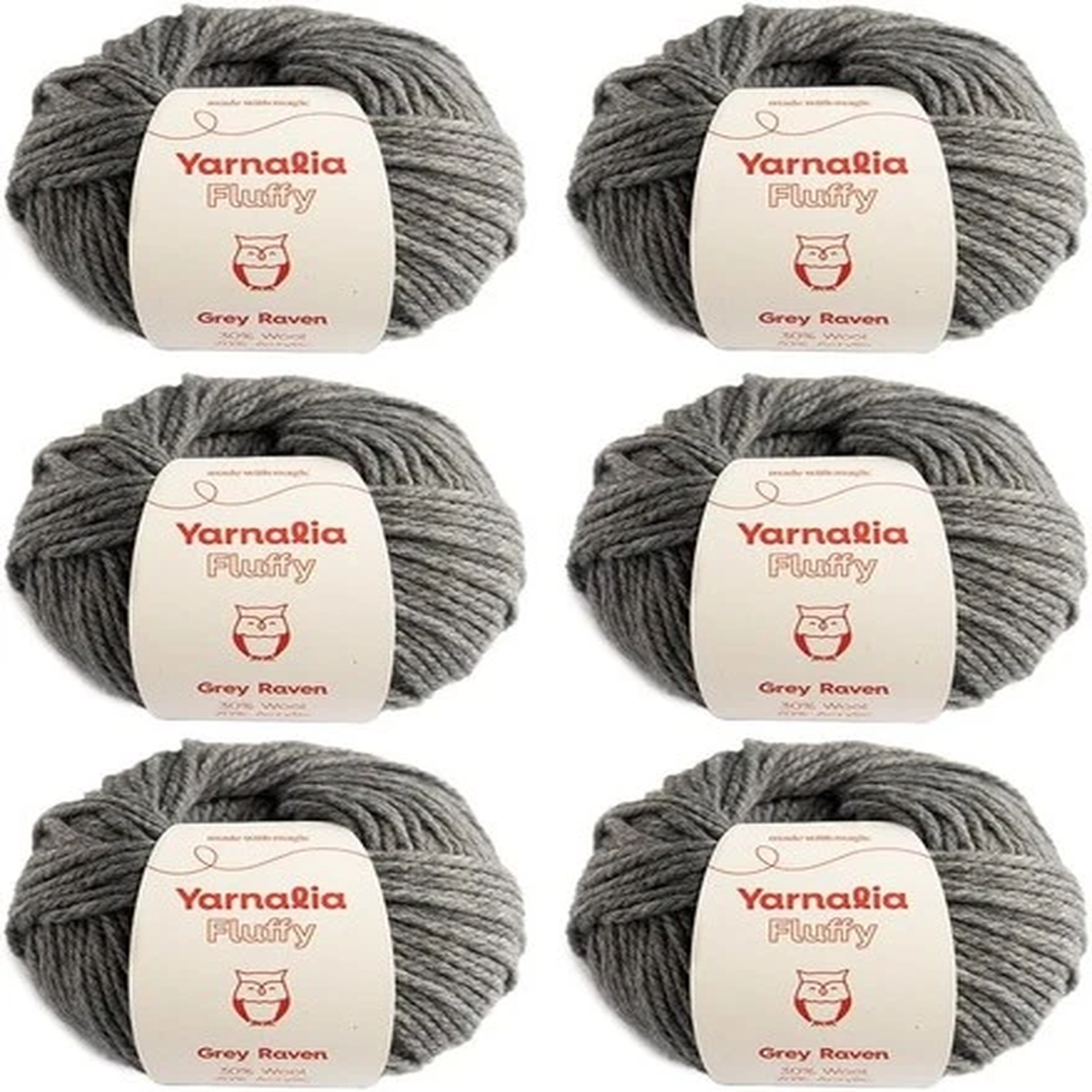 Yarnalia Fluffy Yarn - Chunky Weight Wool & Acrylic 6 Pack 100g/109yd Grey Raven