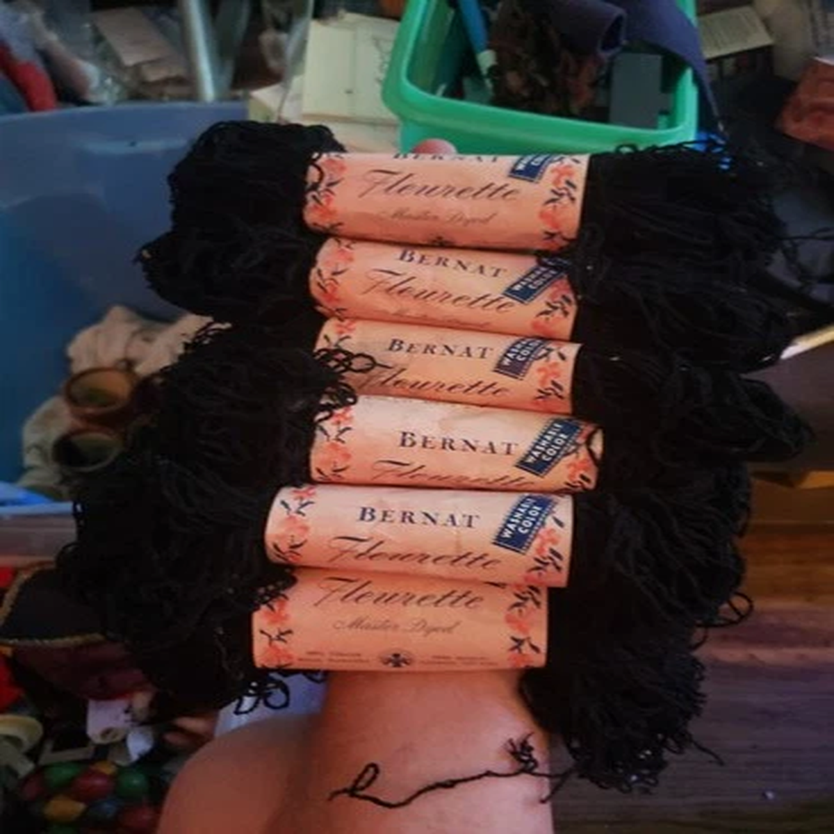 Vintage 6 skein of Bernat Fleurette wool yarn Black