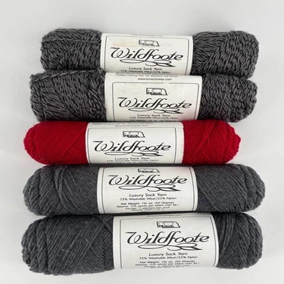 Brown Sheep Wildfoote Sock Yarn Lot of 5 Wool Nylon Gray Red USA Luxury 1075 Yds