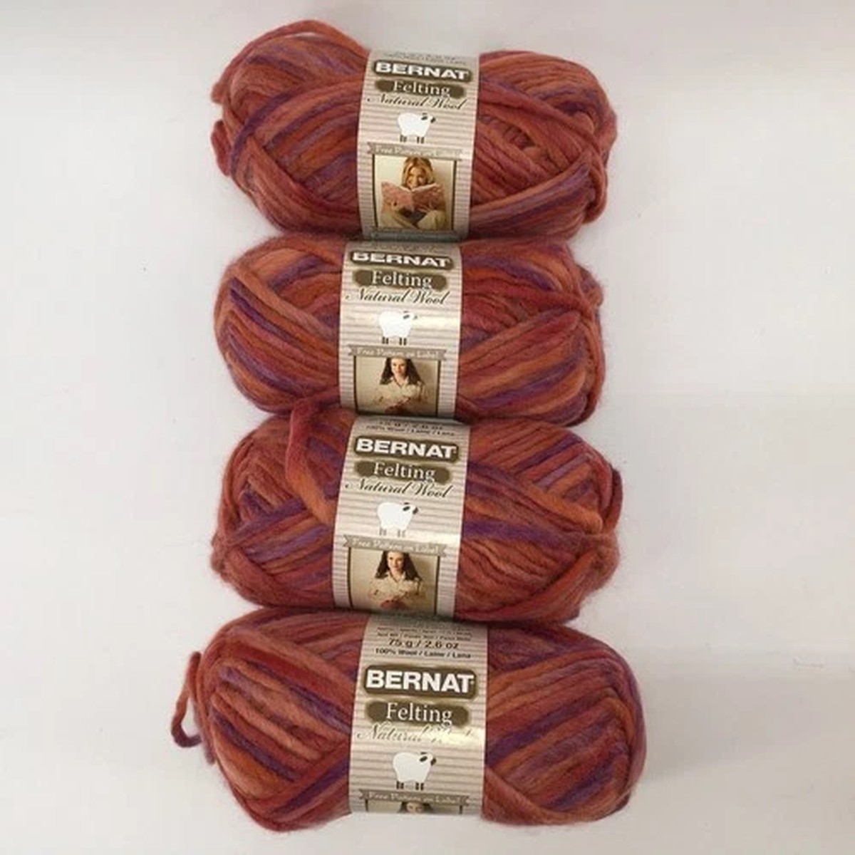 Bernat Felting Natural 100% Wool Yarn Gardenia Pink Orange Purple *Lot 4 skein*
