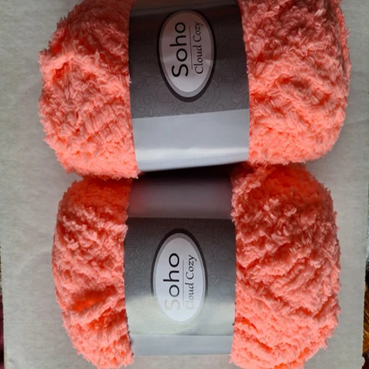 Soho Cloud Cozy fuzzy super bulky yarn, Coral, lot of 2 (49 yds ea)