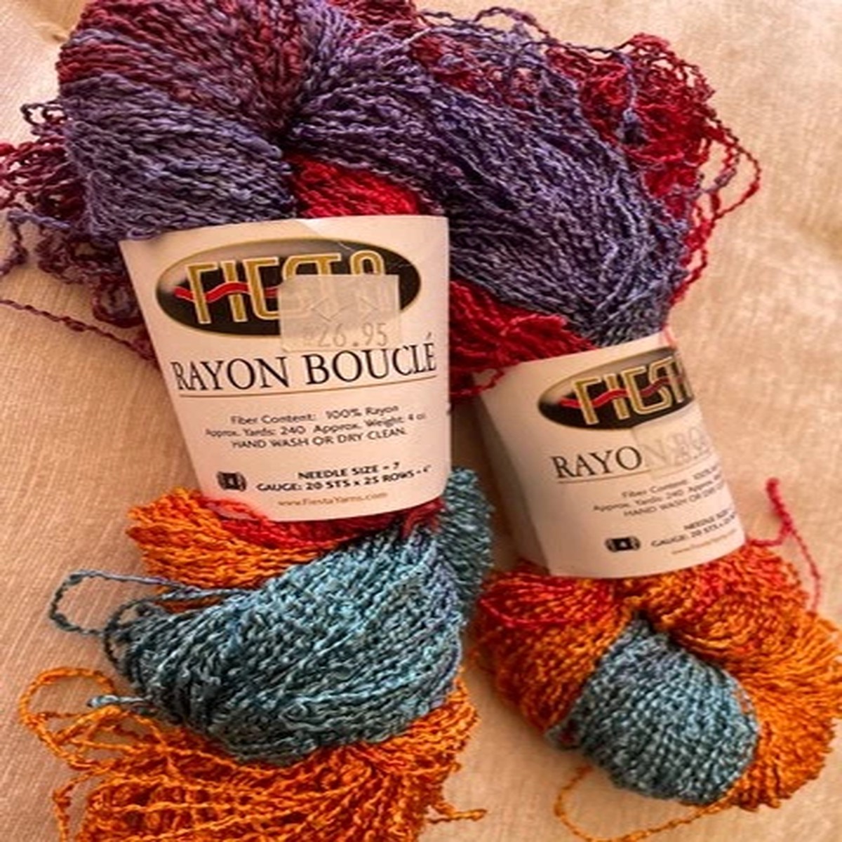 Lot of 2, Fiesta Yarns Rayon Boucl, 4oz/240yds, col#105, Amazon, Multicolor