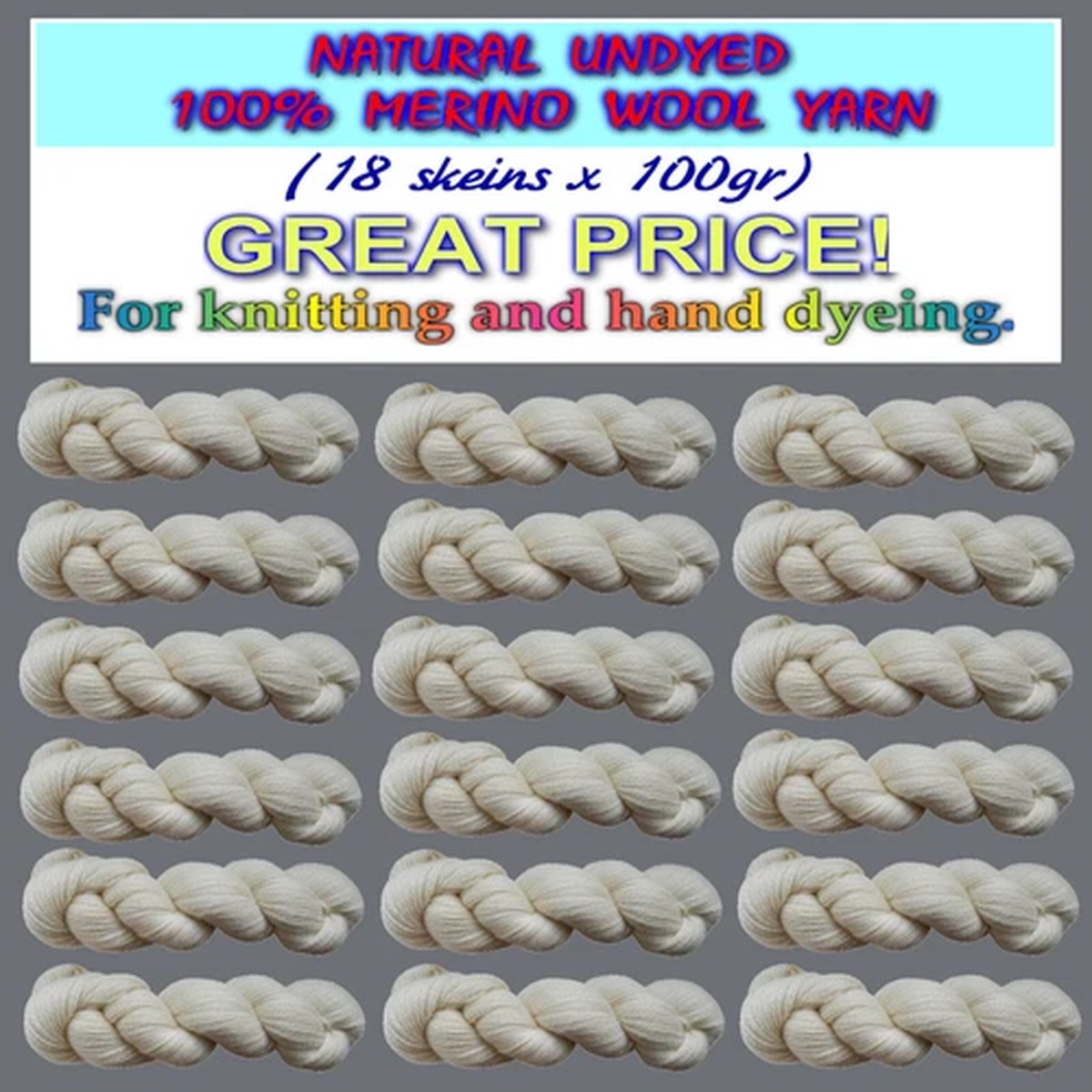 Natural Undyed 100% MERINO WOOL yarn, 1800g (18 skeins x 100g)