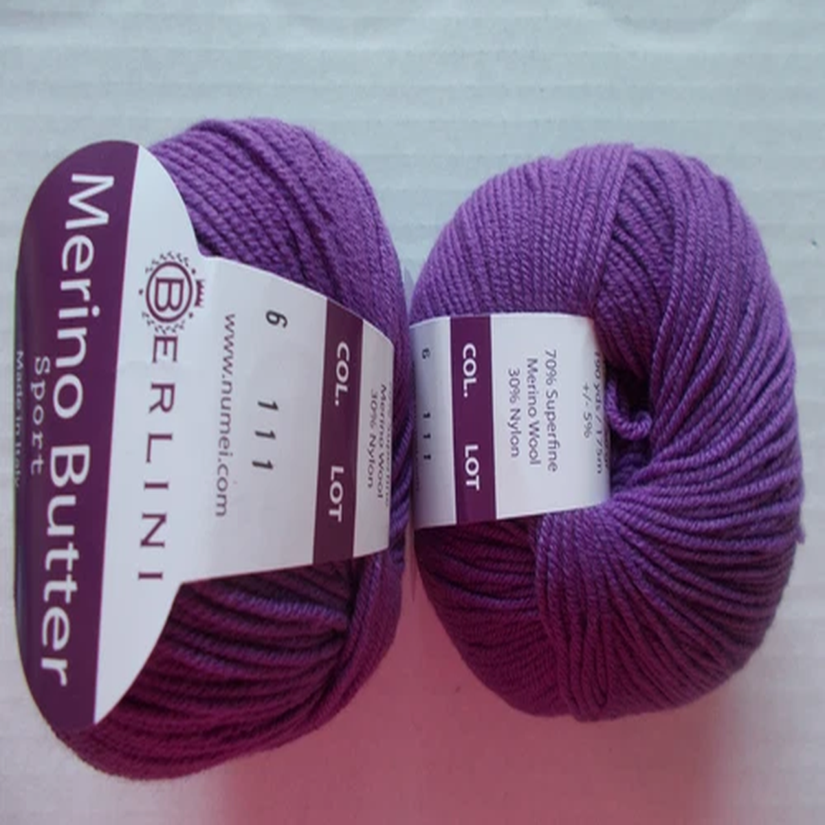Berlini Merino Butter Sport wool blend yarn, Grape, lot of 2 (190 yds ea)